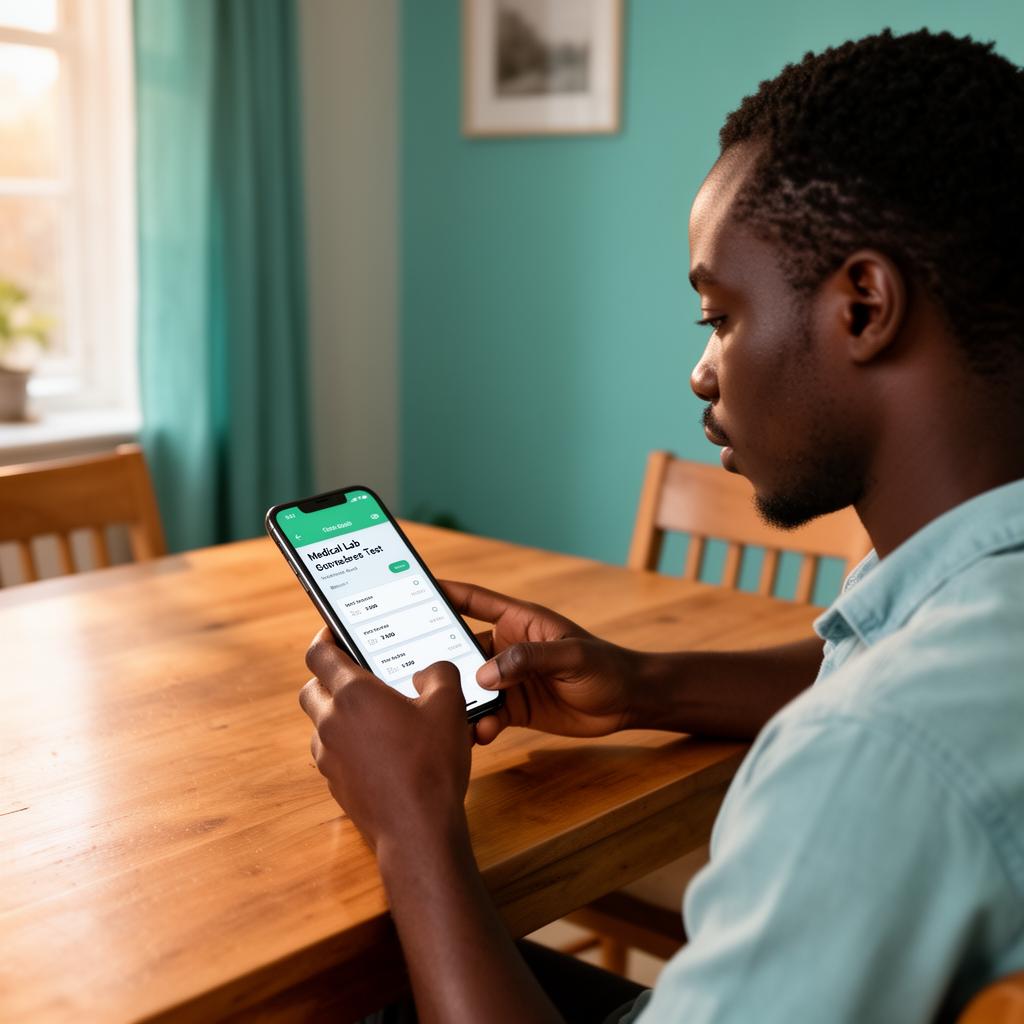 Person booking a lab test on their smartphone from home