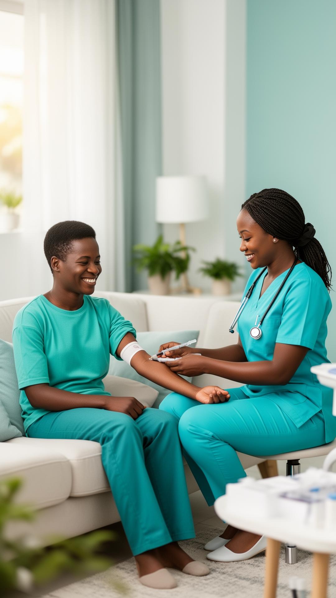 LabLink Ghana phlebotomist collecting a blood sample at a patient's home in Accra