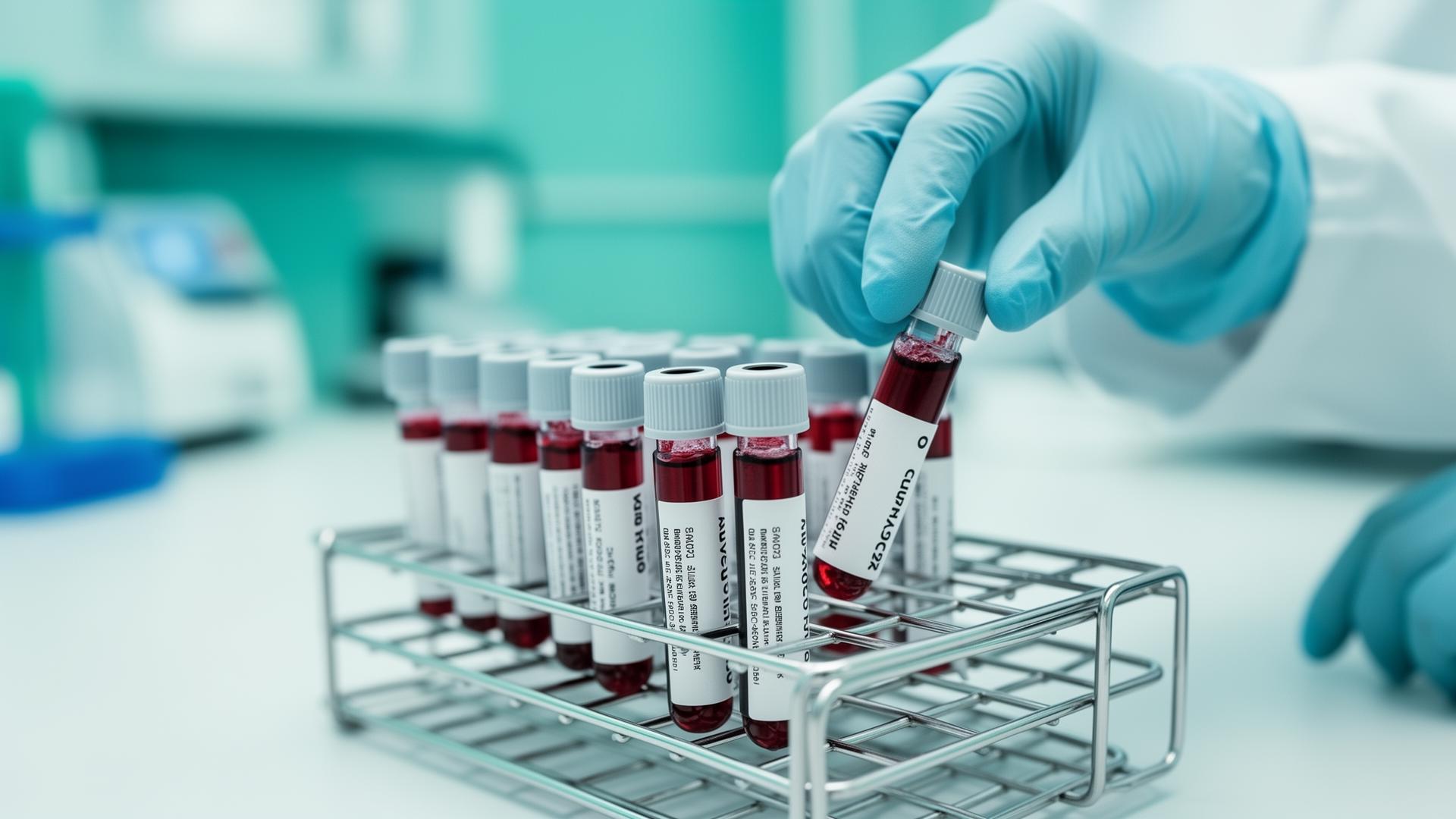 Accredited lab technician handling labeled blood sample vials
